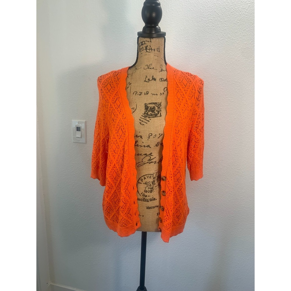 (H-237)Torrid Womens Orange Open Knit Cardigan Sweater Size 2X Plus Short Sleeve - Picture 2 of 9